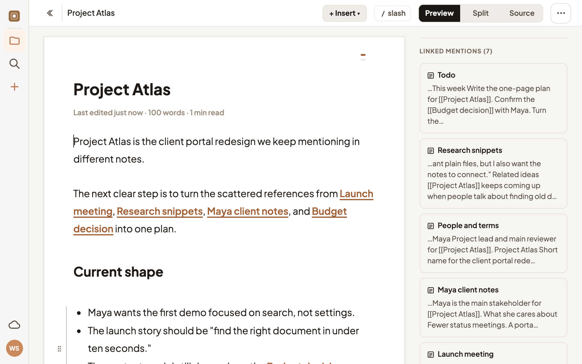 A DevBoard note with wikilinks in the text and a panel listing the seven notes that mention it