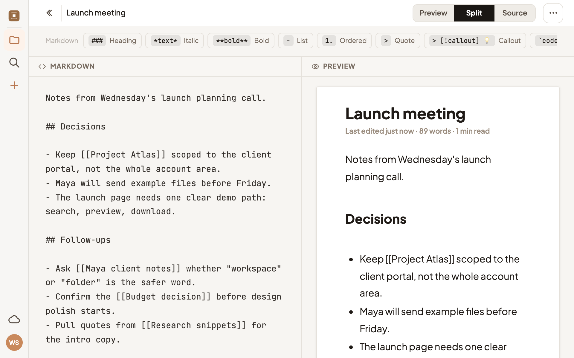 A DevBoard note in split view, with its Markdown source beside the formatted preview