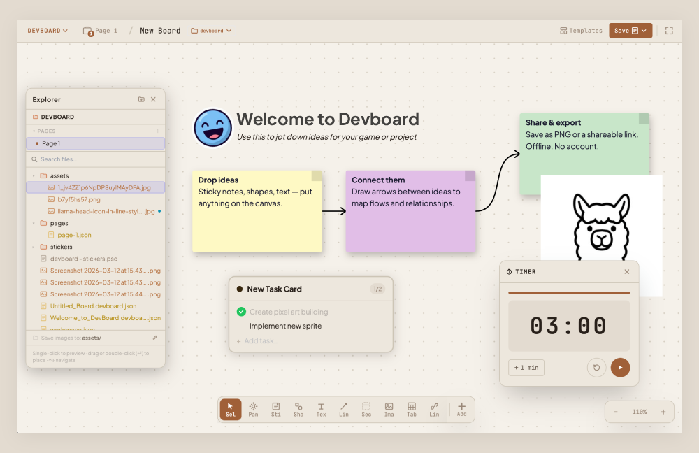 DevBoard app showing connected sticky notes and toolbar