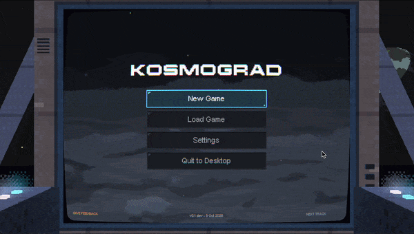 Animated capture of the Kosmograd main menu, shown on a monitor inside the lander, and the Load Game list where each save shows its colony name, day, food and minerals