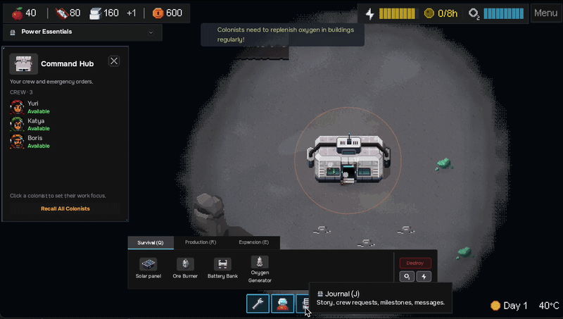 Animated walkthrough of the Journal: opening it from the toolbar, the Story tab with the pinned main goal Signal Earth and a chapter list, then the Requests, Milestones and Messages tabs
