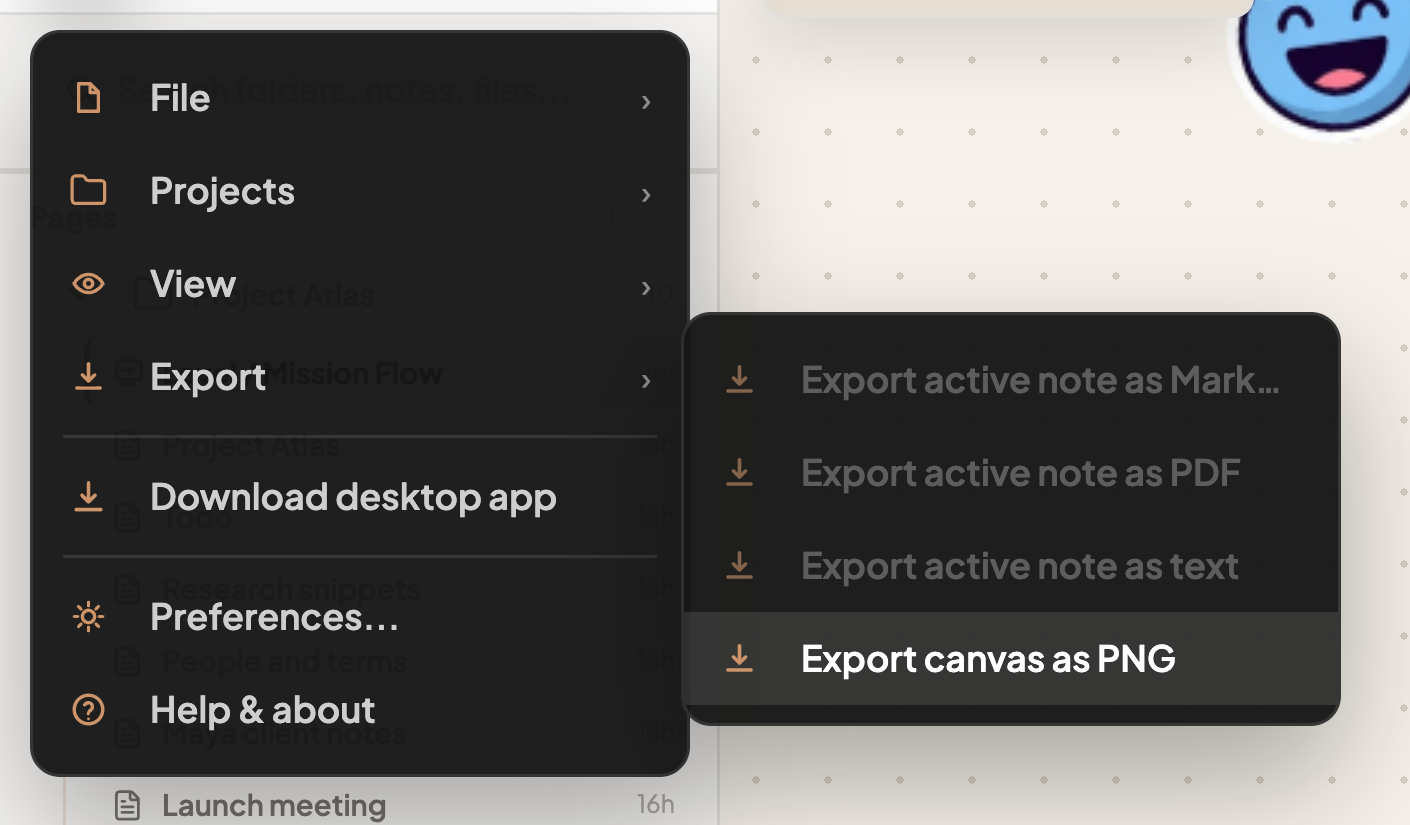 Export menu with Markdown, PDF, text and PNG options