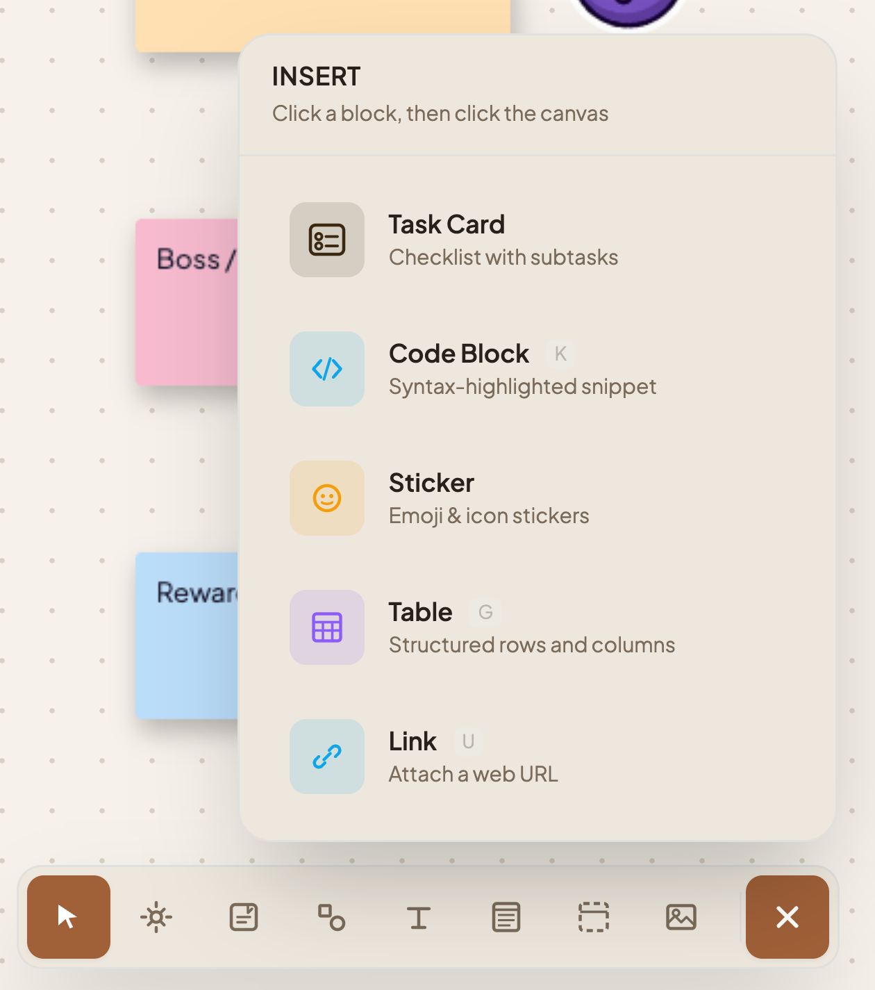 Insert menu listing task card, code block, sticker, table and link