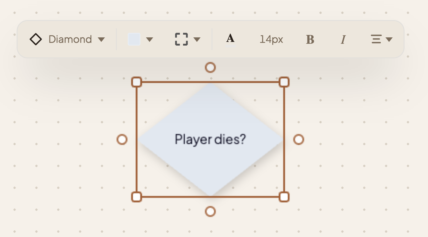 A selected diamond shape with its context toolbar