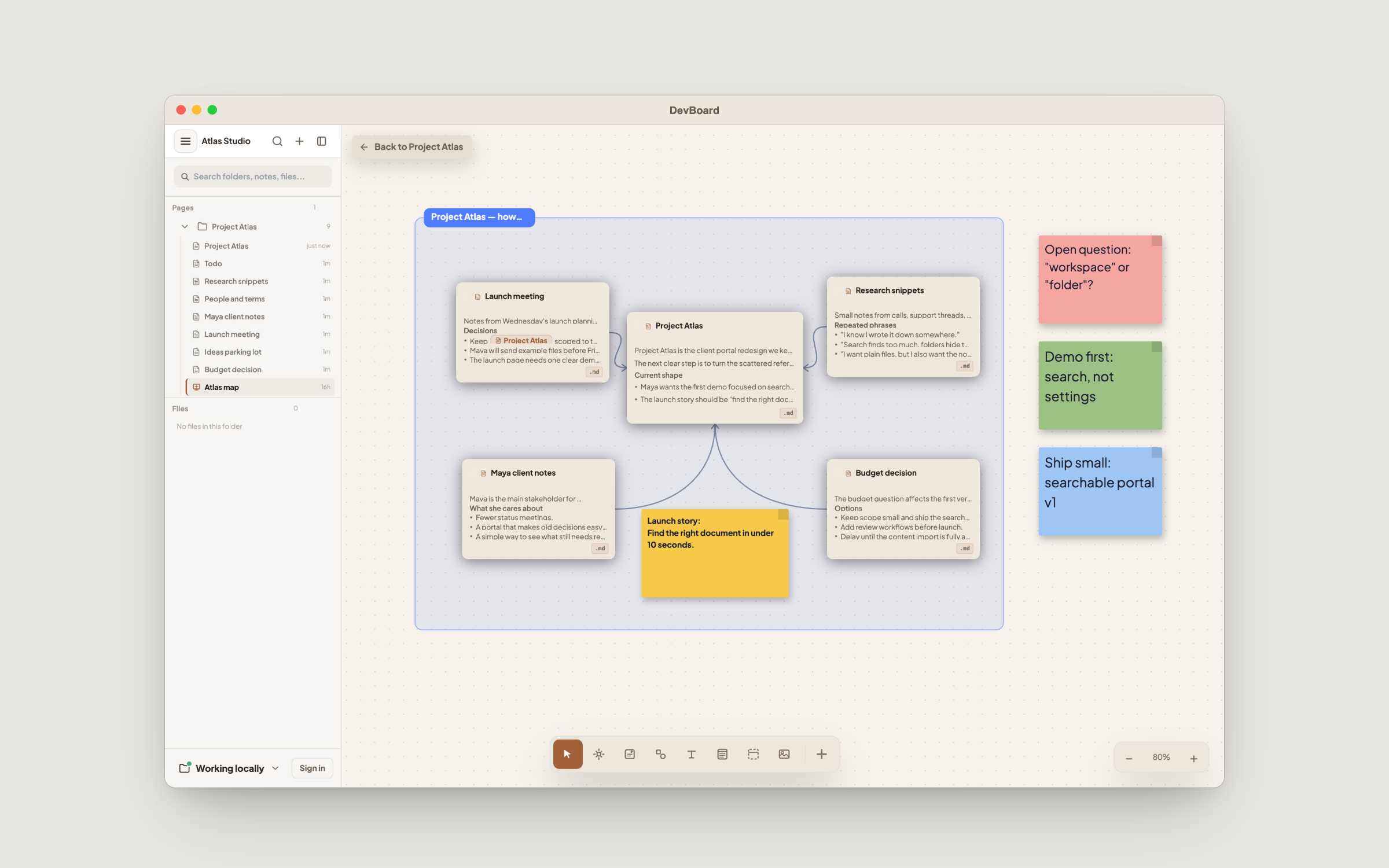 DevBoard canvas with note cards, connectors and sticky notes