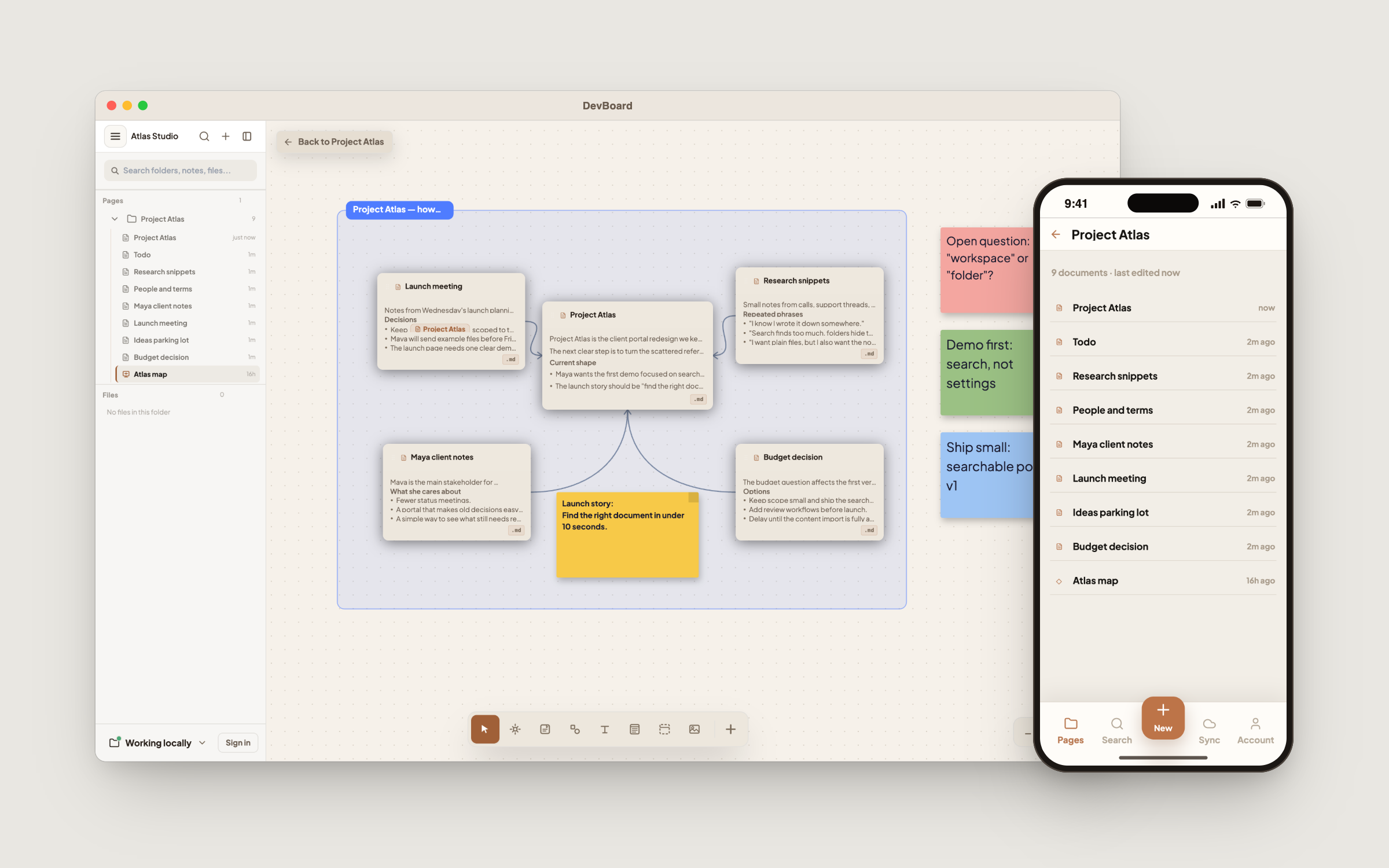 DevBoard canvas on desktop next to the notes list on a phone