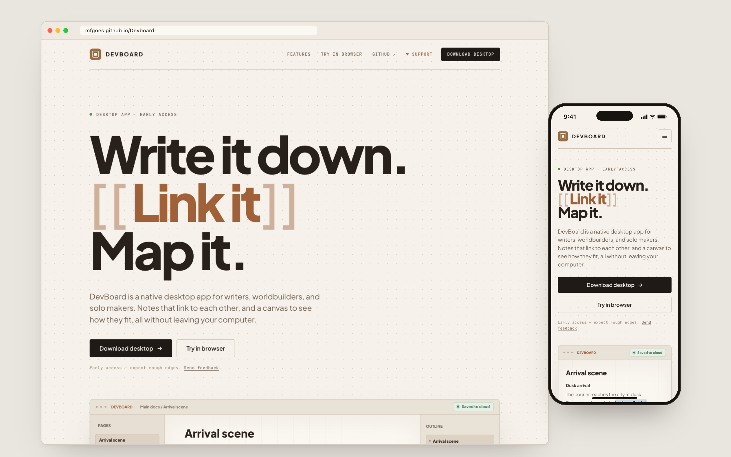 DevBoard landing page on desktop and phone, with the Download desktop call to action