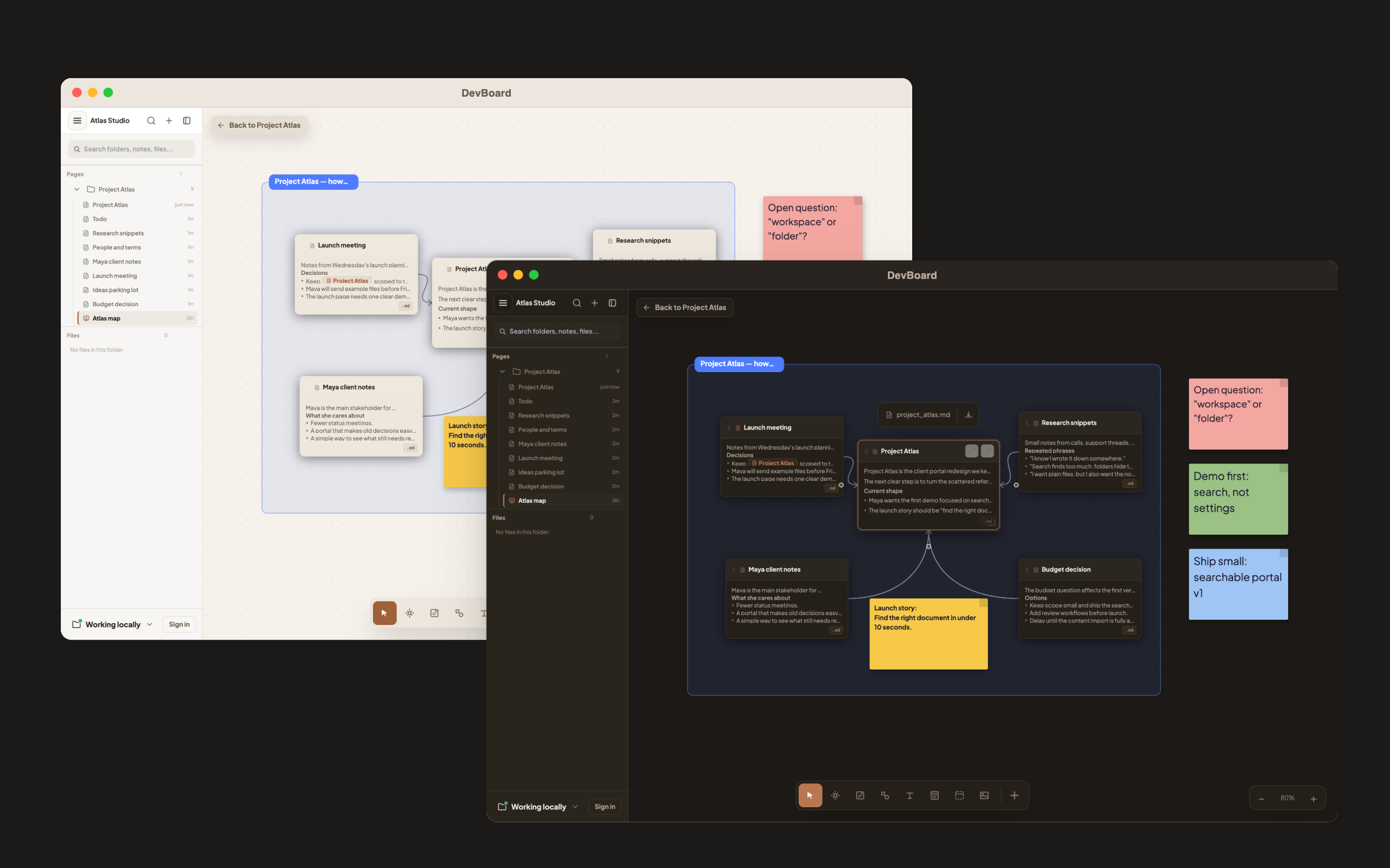 DevBoard canvas in light and dark mode
