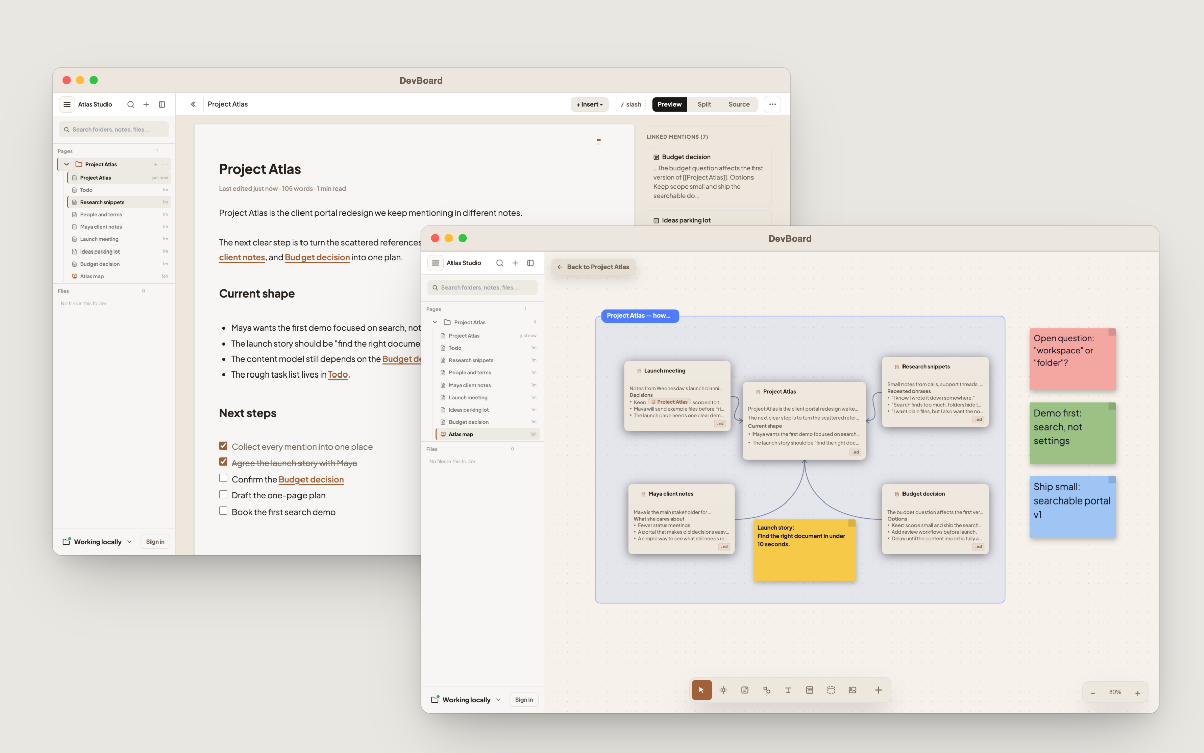 A DevBoard note with linked mentions beside the same notes mapped on a canvas