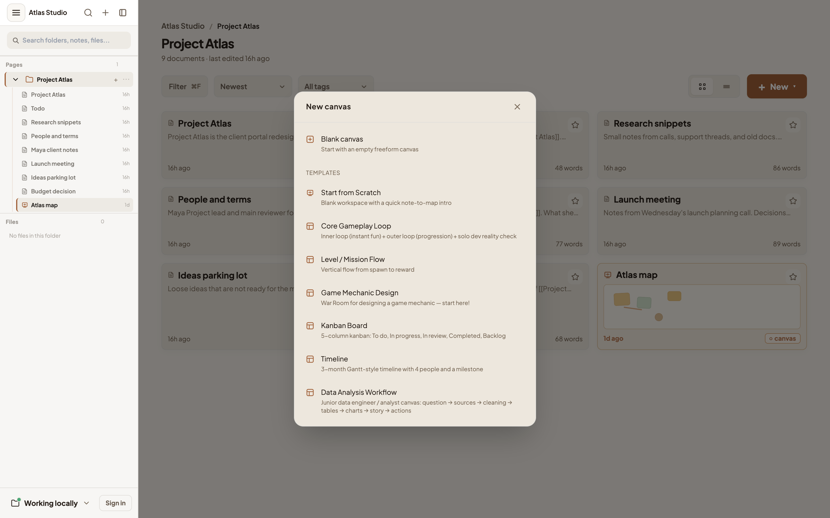 New canvas dialog with a blank option and seven templates