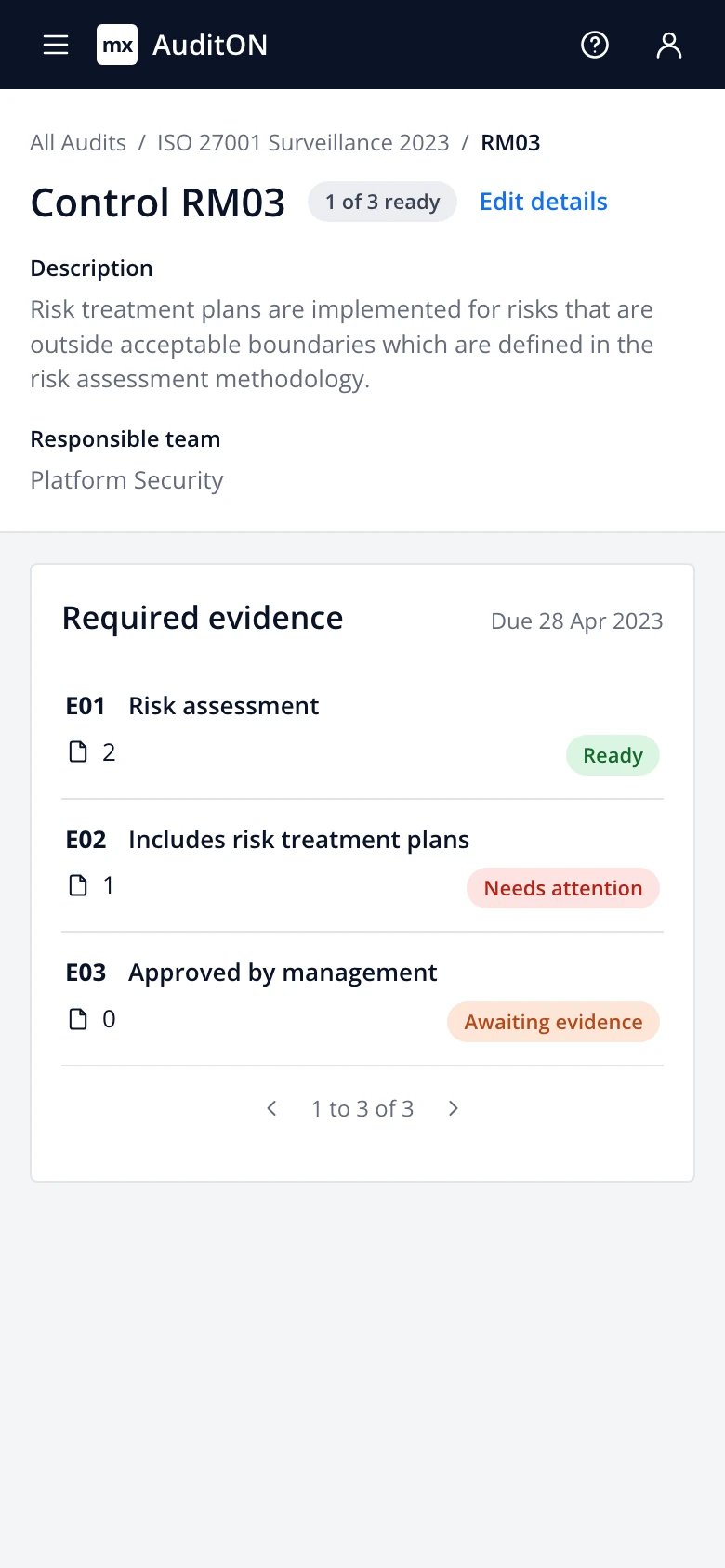 Control RM03 on a phone, evidence shown as a list