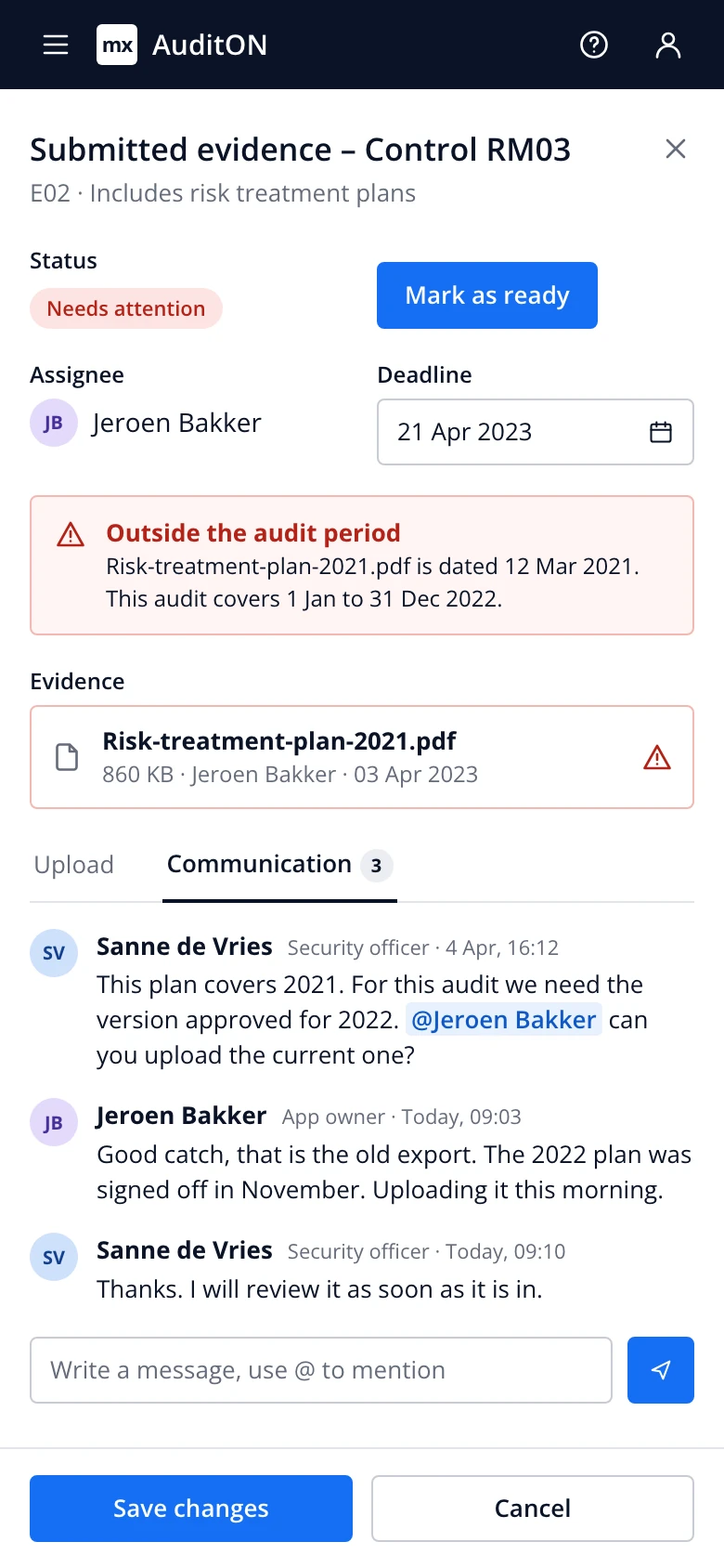Evidence panel on a phone, with the flagged file and message thread