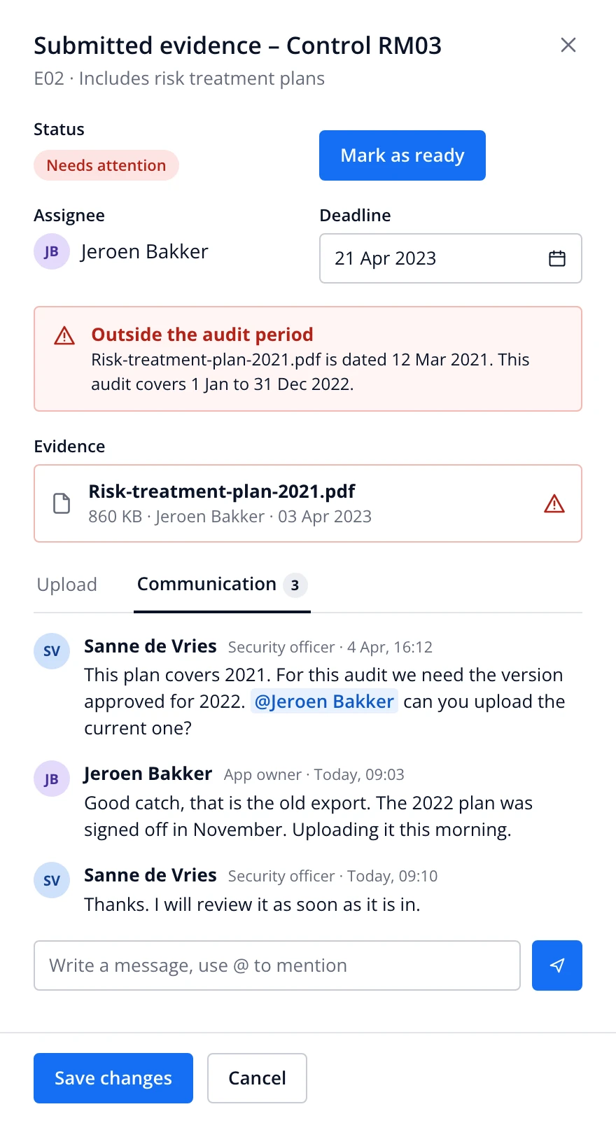 Evidence panel with a flagged file and a three-message thread