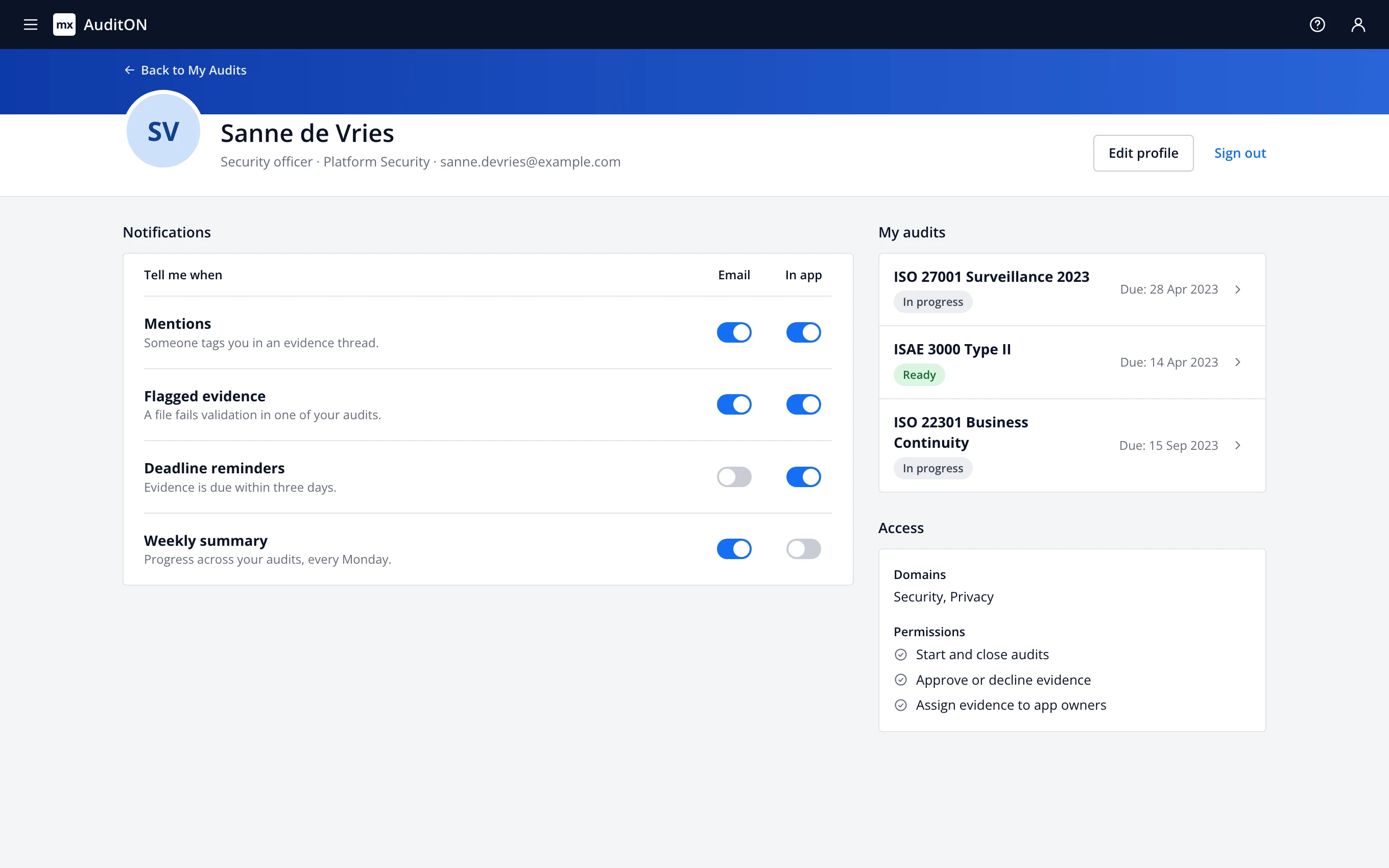 AuditON profile page for a security officer: a header with name, role, team and email, notification settings per event with email and in-app switches, the three audits they own, and their domains and permissions
