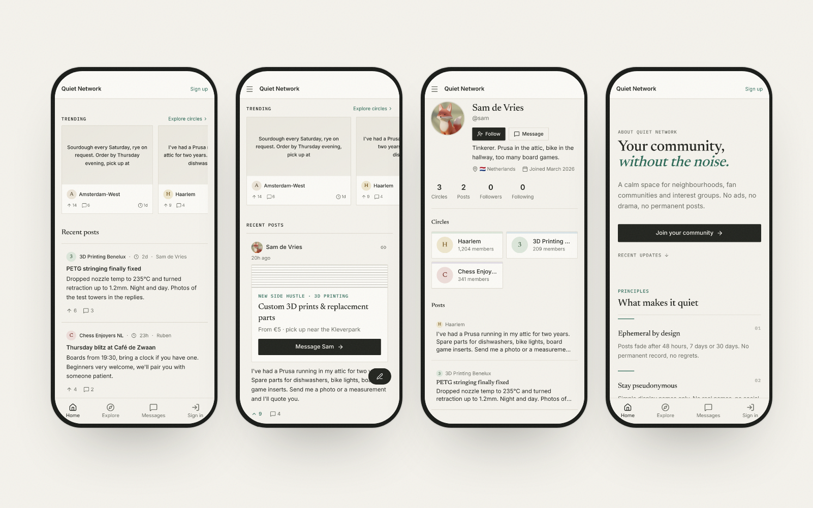 Four mobile screens: public homepage, personal feed, member profile and About page, all in the same visual style