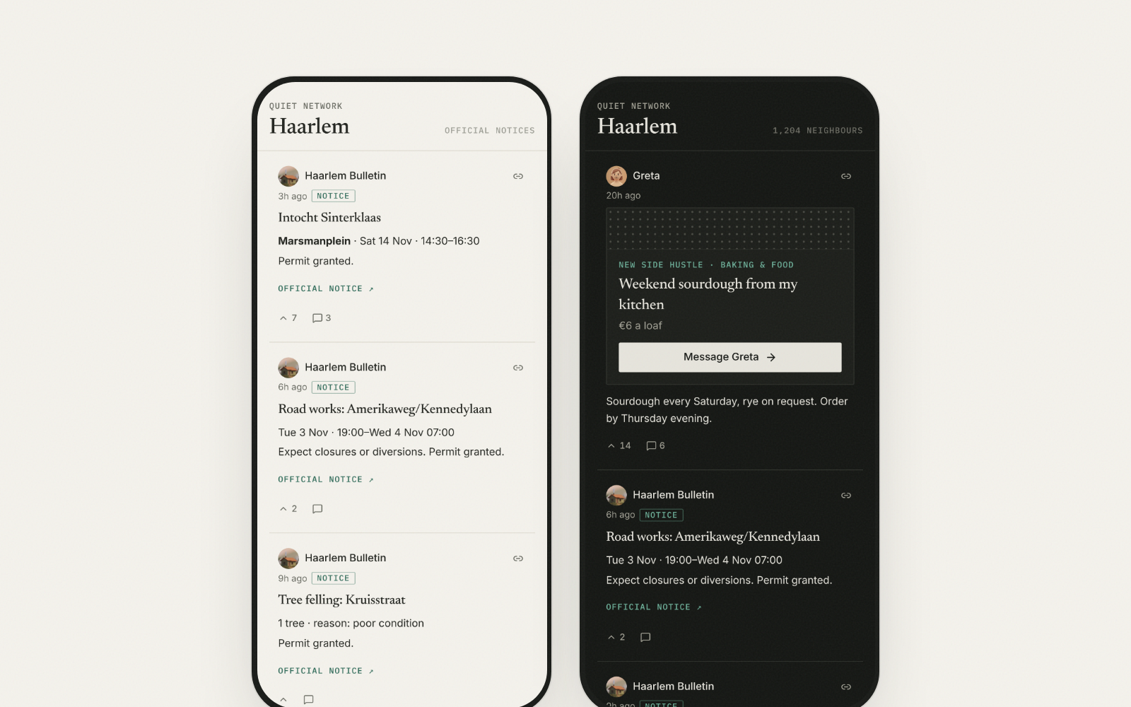 Two phones showing bulletin posts from official municipal notices, in light and dark mode