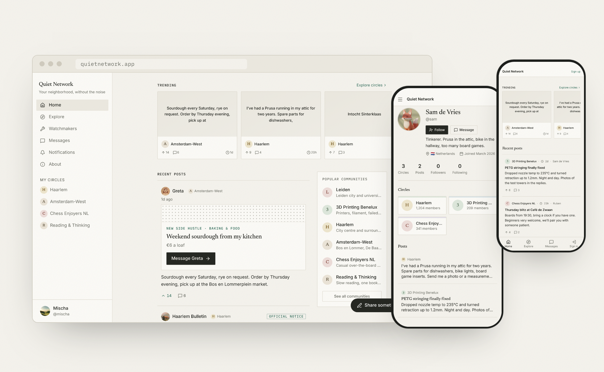 Quiet Network on desktop and mobile: the home feed with circles in the sidebar, a member profile and the public homepage, in a linen-and-ink visual style