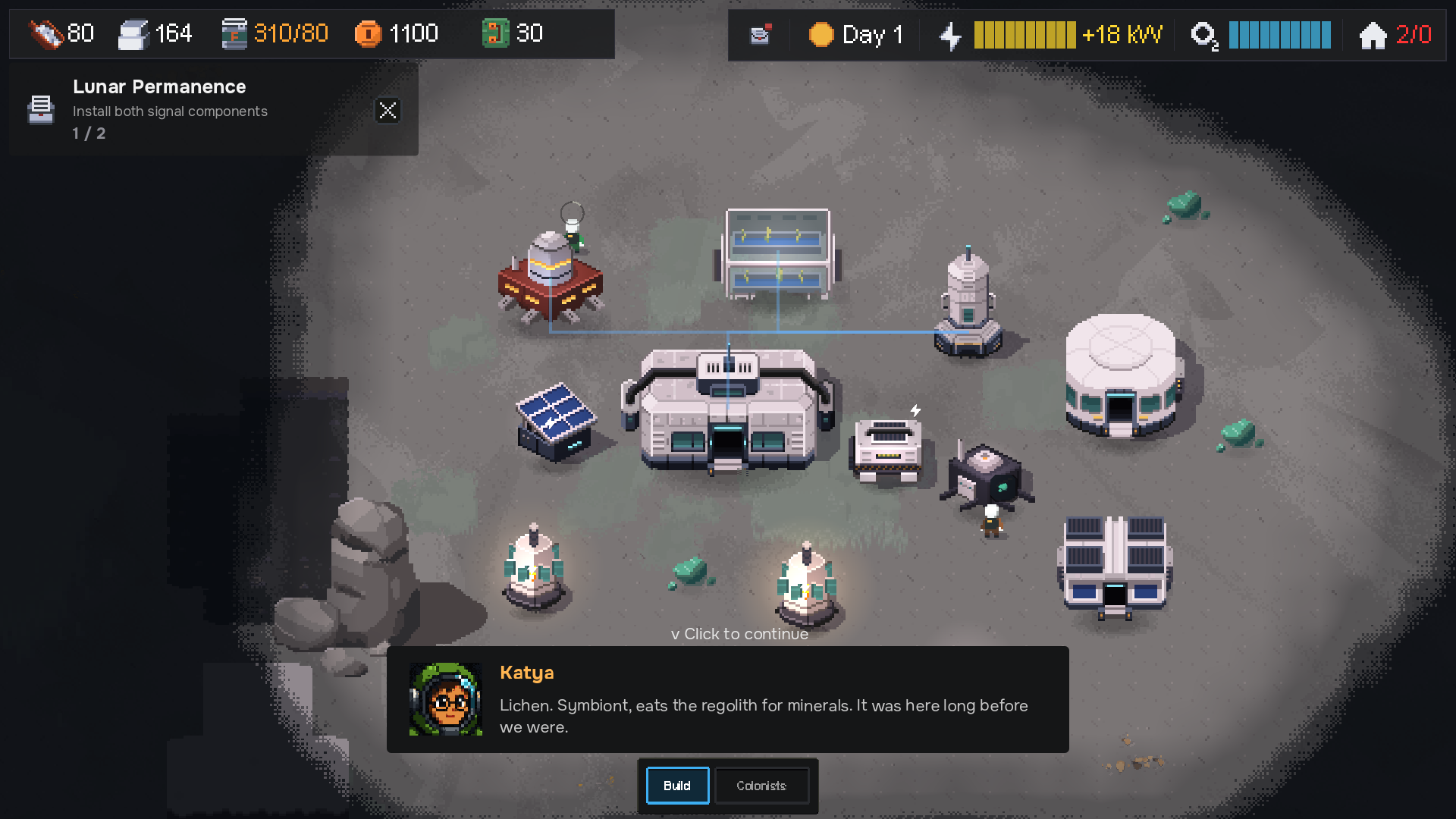 Kosmograd colony base with HUD and colonist dialogue